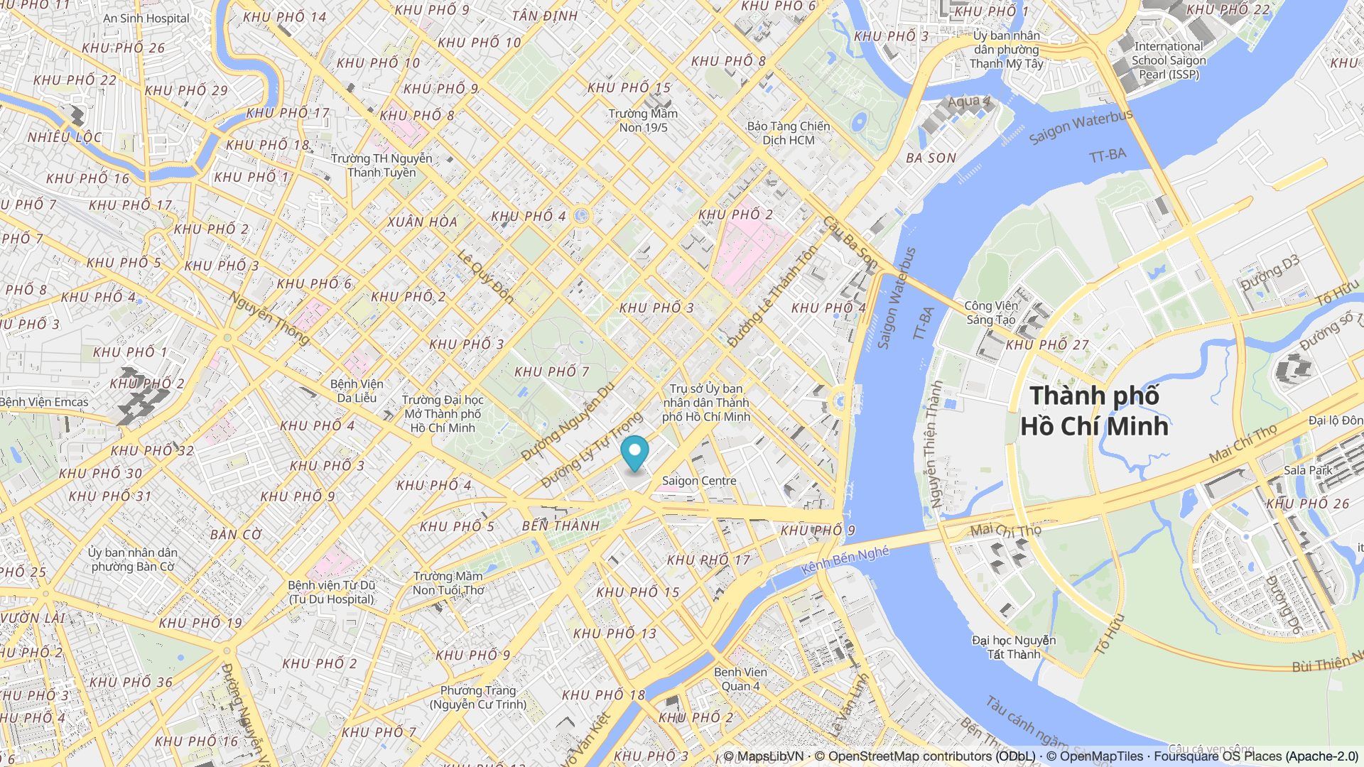 Bản đồ khu vực trung tâm Thành phố Hồ Chí Minh do MapsLibVN dựng, nhãn đường và địa điểm bằng tiếng Việt